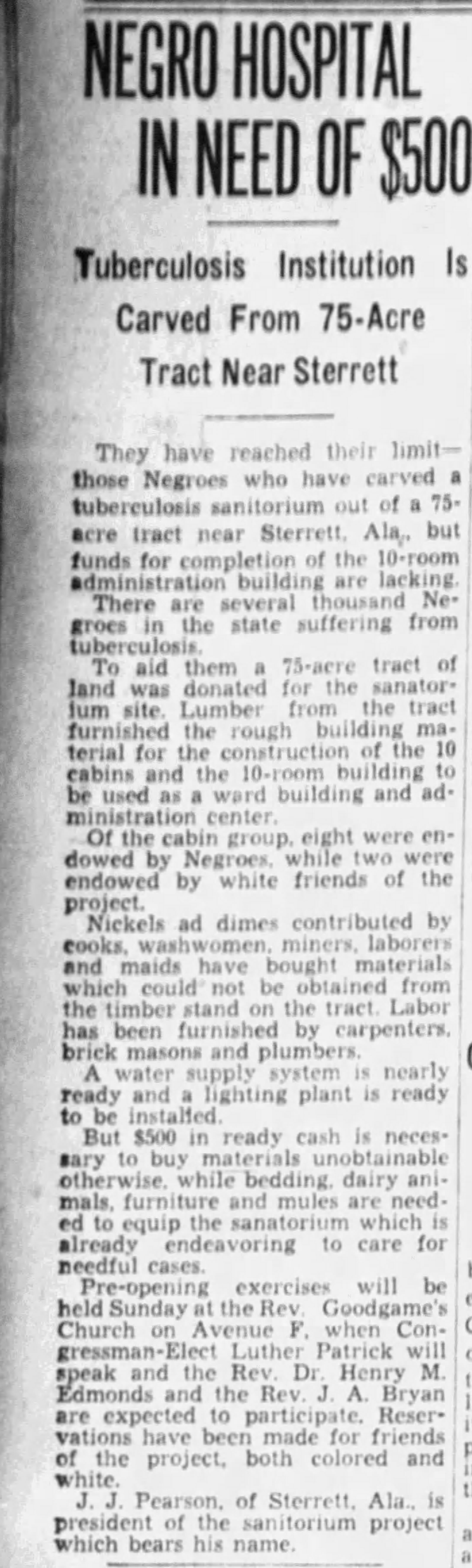 Negro Hospital in Need of $500